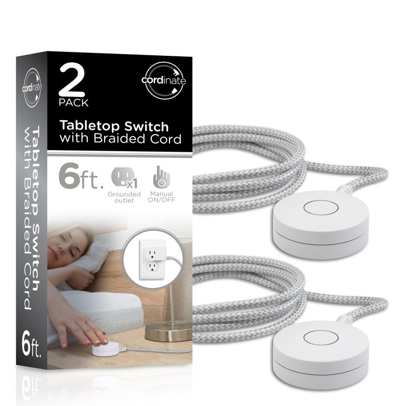Cordinate Extension Cord with Switch On/Off Plug 2 Pack, 6 Ft Braided Power Cord Outlet Switch, 3 Prong, Slip Resistant Base, Tabletop/Wall Mount, Perfect for Lamps/Holiday Lights, White/Gray, 50033 - Image 1